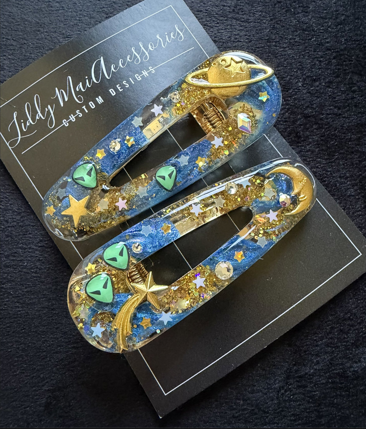 Galaxy alien charm resin hair clips by Liddy Mai Accessories