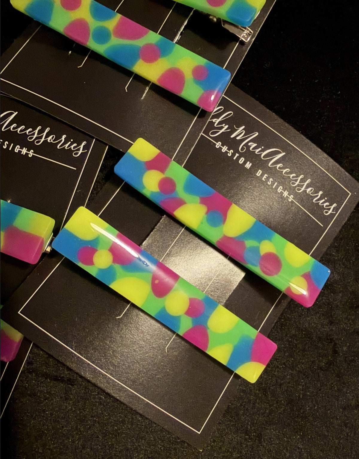Neon resin barrettes on Liddy Mai cards